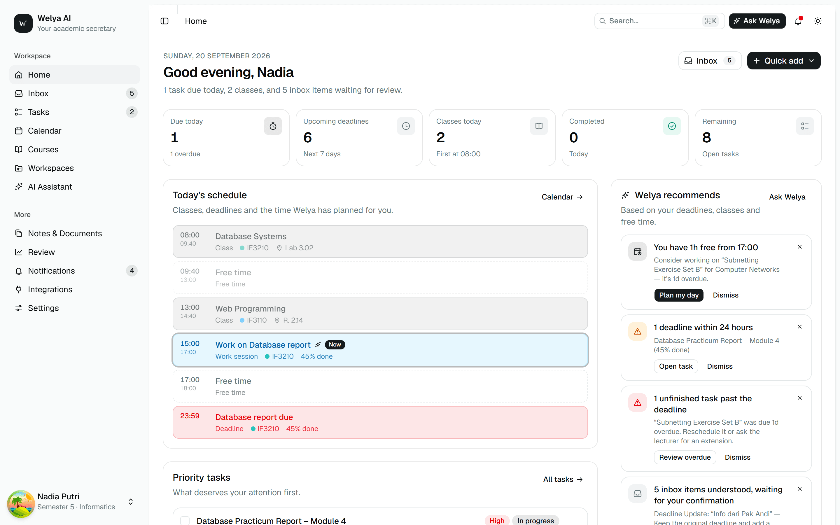 Welya dashboard showing today's schedule, priority tasks and AI recommendations