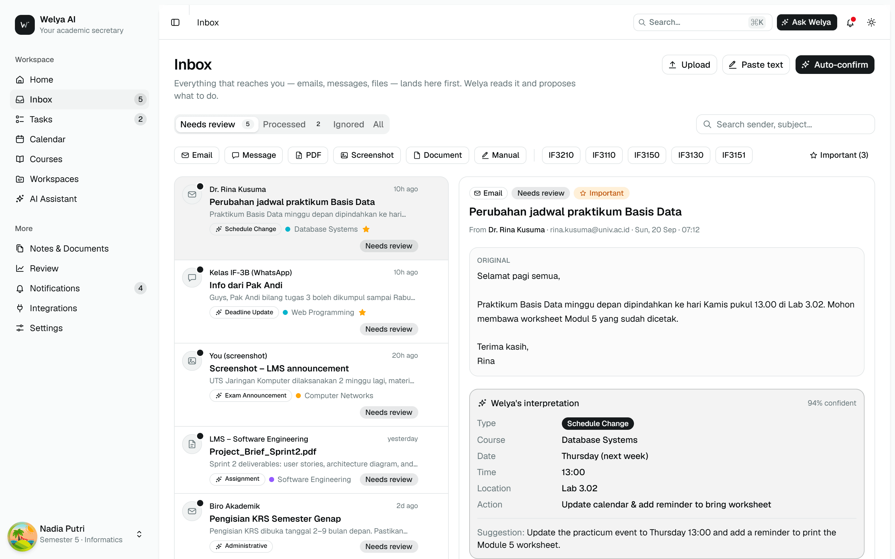 One inbox for everything your lecturers send — light theme